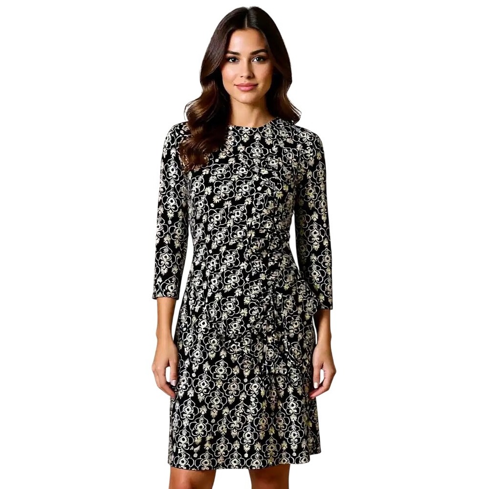 New York & Company Black Tan Damask Faux Wrap Dress 3/4 Sleeve Medallion Print M
